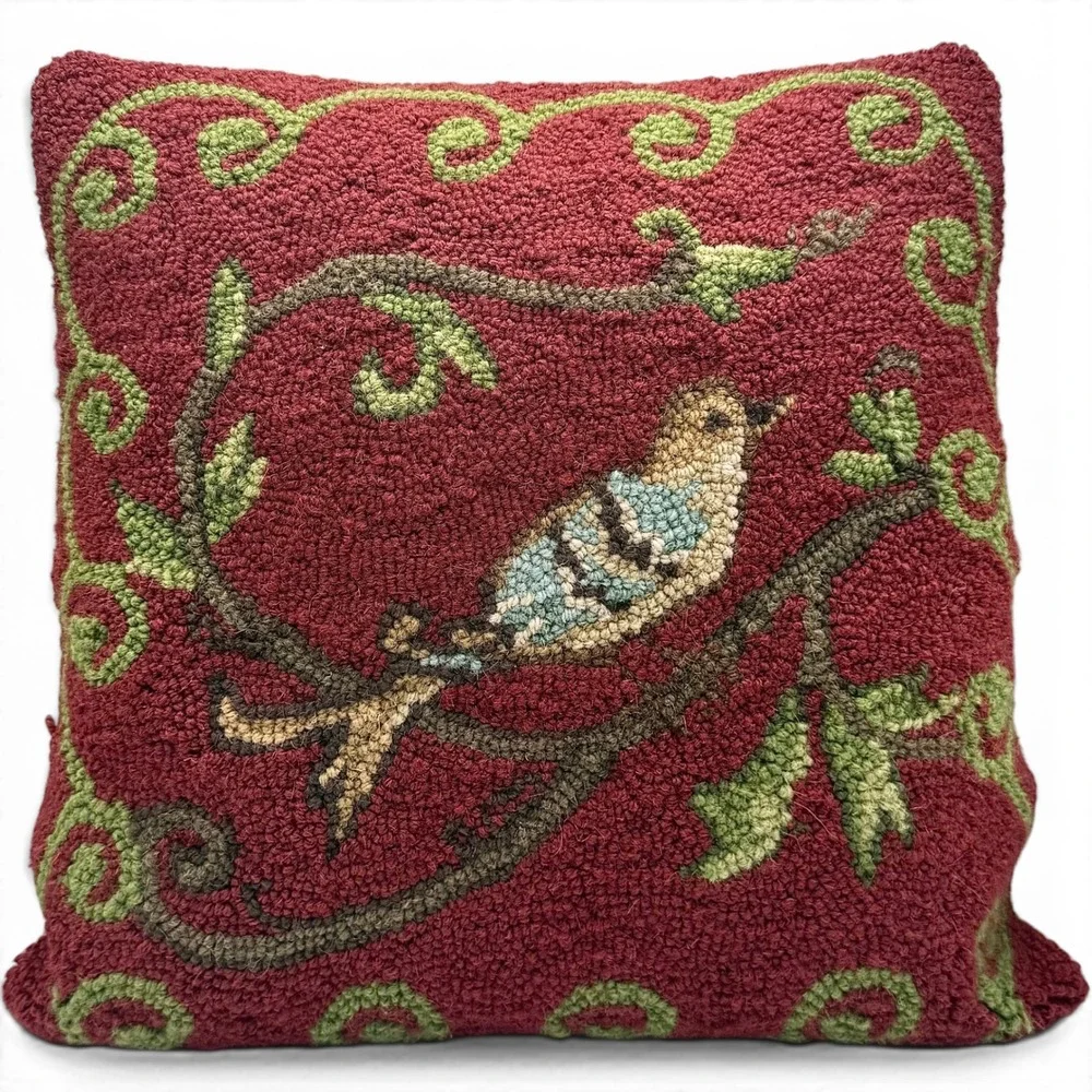 Hand Hooked Wool Bird Pillow 15x15 Cottage Folk Art Peking Handicraft